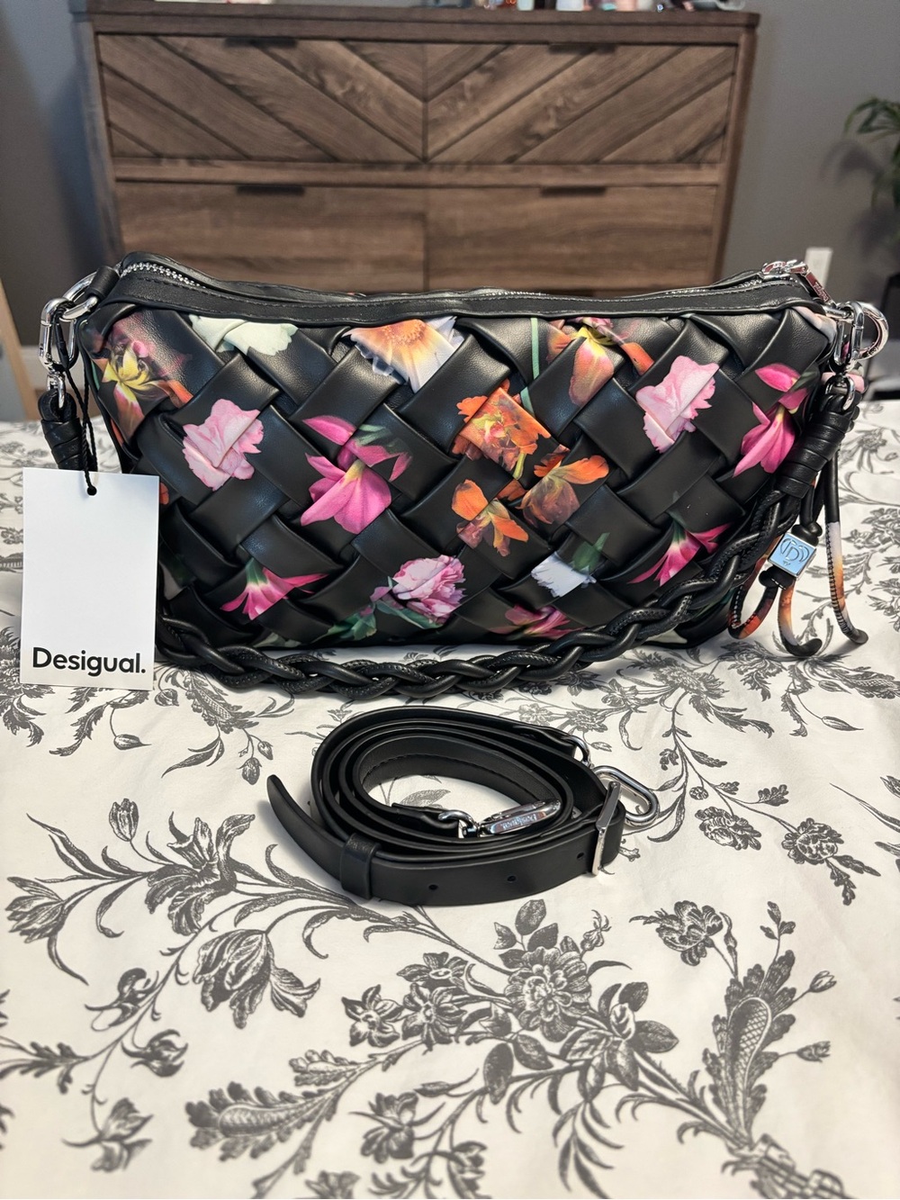 Desigual Black Woven Crossbody with Pink and Orange Floral Print